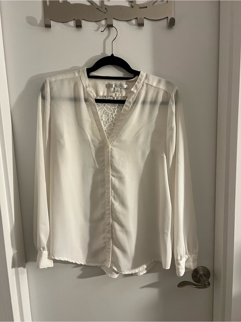 LC Lauren Conrad Cream Lace-Back Button Front Blouse